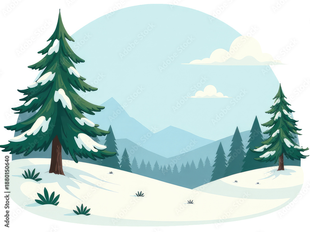 Fototapeta premium A serene winter scene featuring snow-covered mountains and pine trees