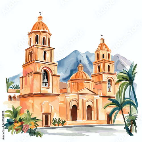 Santa Catalina Monastery. Santa Catalina Monastery hand drawn watercolor illustration