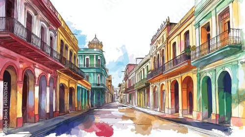 Havana Old Town. Havana Old Town hand drawn watercolor illustration