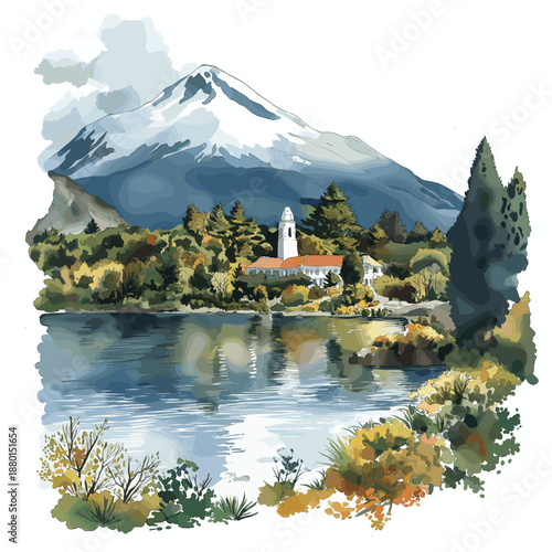 Lake District - Villarrica. Lake District - Villarrica hand drawn watercolor illustration
