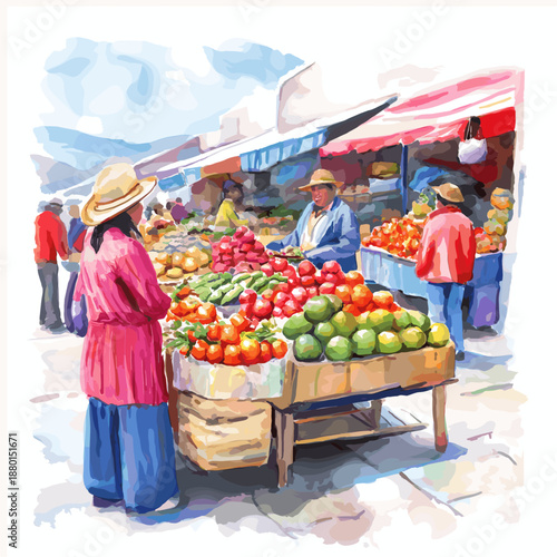 Otavalo Market. Otavalo Market hand drawn watercolor illustration