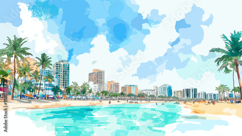 Miami?s South Beach. Miami?s South Beach hand drawn watercolor illustration
