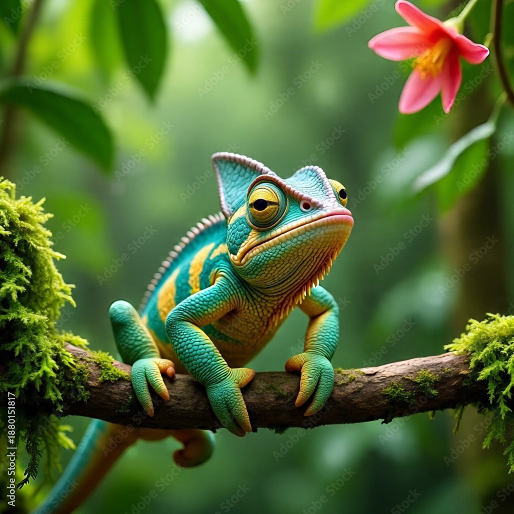 Fototapeta premium Colorful Chameleon Reached on a Messy Branch in Tropical Forest