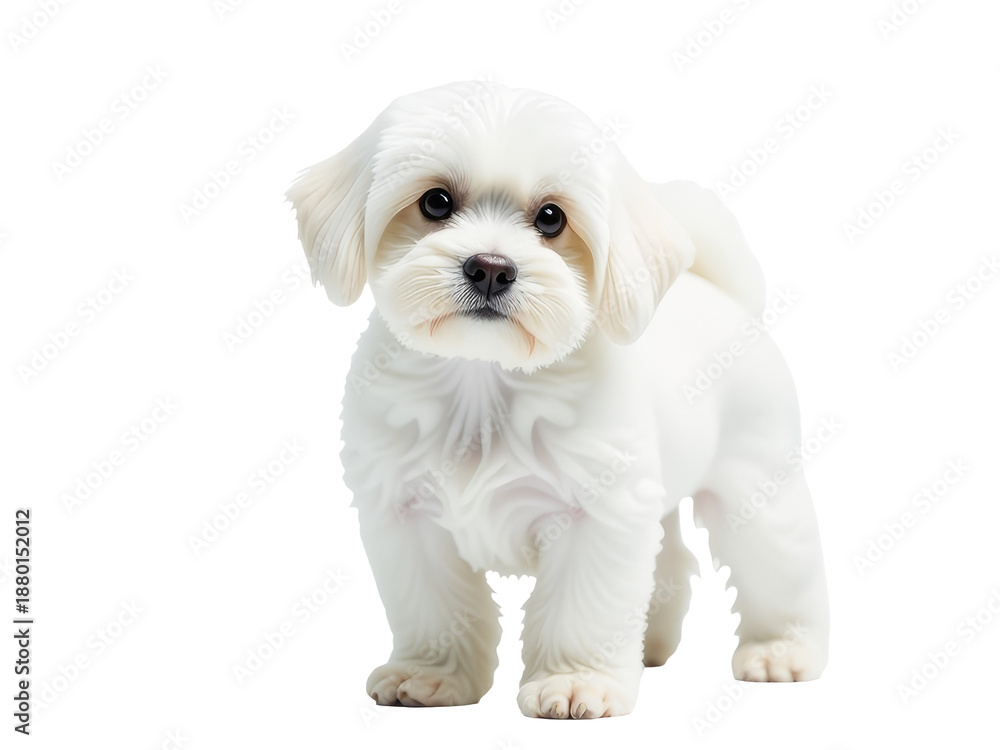 Obraz premium A small white dog standing on a white surface