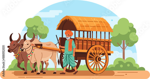 Indian Village Bullock Cart Scene with Farmer and Oxen Flat Vector Illustration of Rural Transportation and Agriculture in India