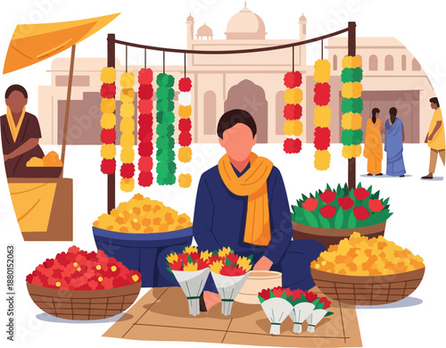 Indian Street Market Vegetable Vendor Flat Vector Illustration of Local Bazaar Trading and Traditional Commerce in India