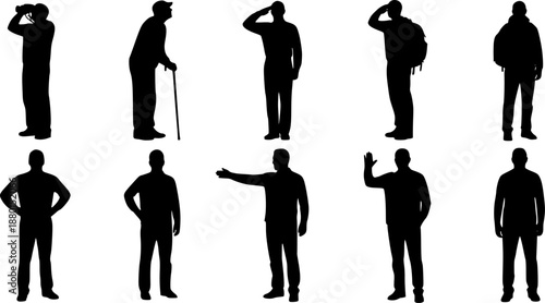 Standing man silhouette set men in various poses binoculars cane salute backpack black vector clipart on white background human figure people icon art