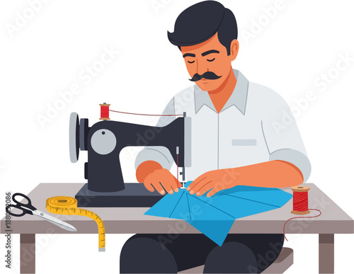 Indian Tailor Sewing Clothes Using Traditional Sewing Machine Flat Vector Illustration of Small Business and Craftsmanship in India