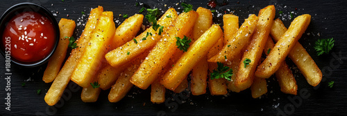 Panel kuchenny z motywem Appetizing golden French fries, perfectly crispy and generously seasoned with salt, pepper, and fresh parsley, served alongside small black bowl of rich red ketchup on stylish dark background, classic