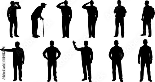 Standing man silhouette set men in various poses binoculars cane salute backpack black vector clipart on white background human figure people icon art