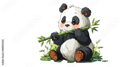 Adorable Cartoon Panda Enjoying Bamboo: Vector Illustration with Outline Isolated