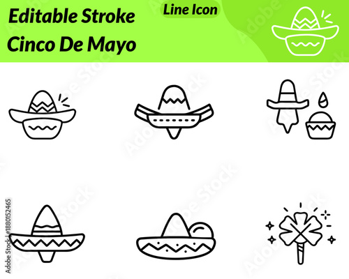 A festive flat vector icon featuring a cheerful character celebrating Cinco de Mayo. The character can wear a traditional sombrero and poncho smiling dancing and holding classic elements like maracas.
