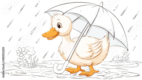 Cute Cartoon Duck with Umbrella in Rain Vector Illustration