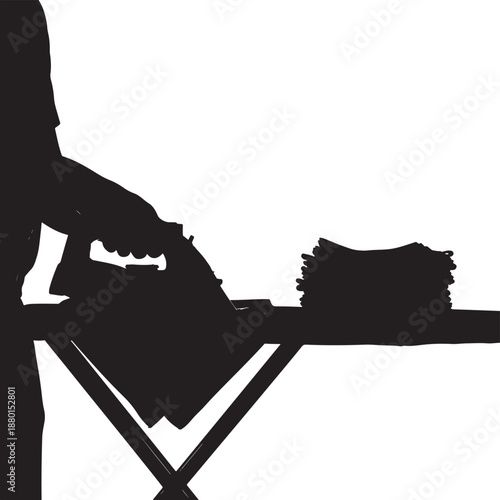 Silhouette of a Person Ironing Clothes on an Ironing Board, Laundry and Domestic Work Concept