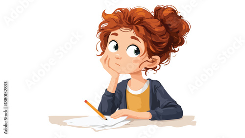 Smart Cartoon Girl Studying On White Background Vector Illustration