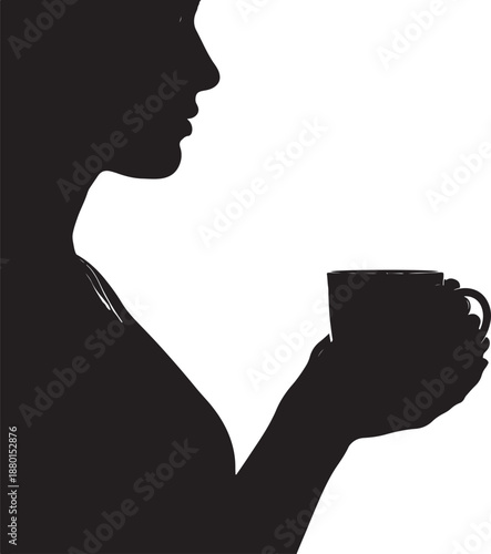 Black silhouette profile of a woman holding a warm mug or cup of coffee, morning routine and relaxation concept.