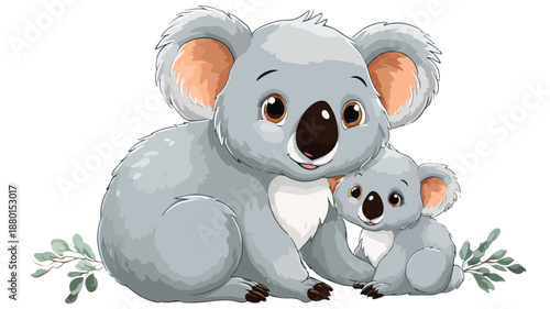 Adorable Cartoon Mother Koala and Baby Koala Vector Illustration with Outline Isolated on White Background
