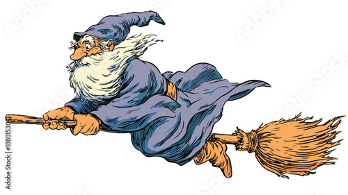 Old Wizard Flying on Broomstick Vector Illustration with Outline