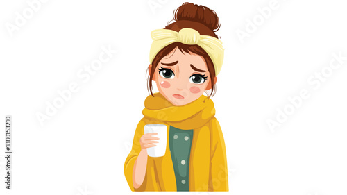 Cute Cartoon Girl with Fever and Thermometer Vector Illustration