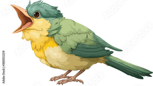 Cute Cartoon Singing Bird Vector Illustration with Outline on White Background