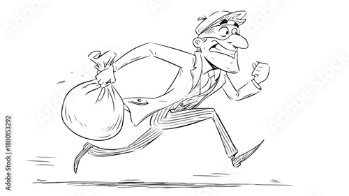 Cartoon Thief Running Away with Bag Vector Outline Illustration