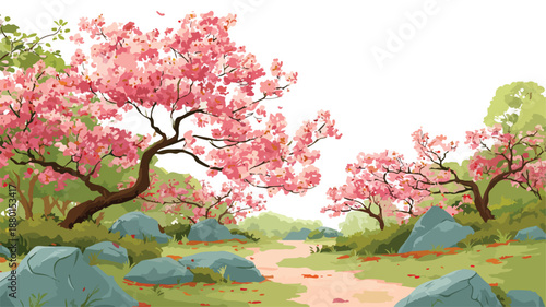 Vibrant Cherry Blossom Park Spring Landscape Vector Illustration