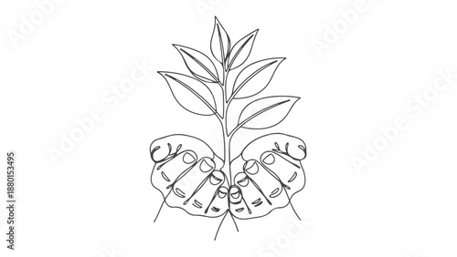 One continuous line art illustration of hands nurturing a growing plant, symbolizing growth and care