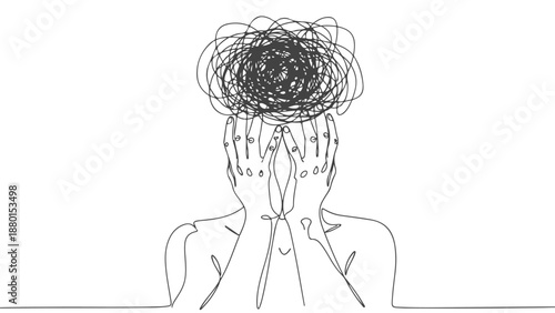 A continuous one line art illustration of a person with a scribbled mind, representing mental health and emotional struggle