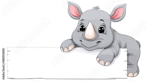 Adorable Baby Rhino Cartoon Holding Blank Sign Vector Illustration with Outline