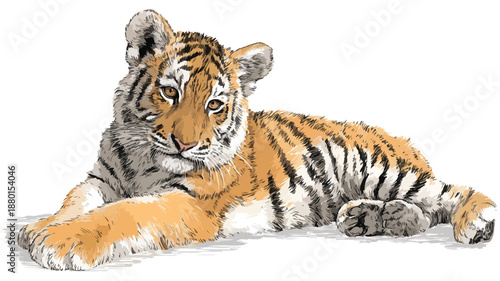 Adorable Baby Tiger on White with Outline, Vector Illustration for Isolation