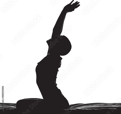 Silhouette of a woman performing a deep yoga stretch or camel pose on a textured mat, promoting health and flexibility.