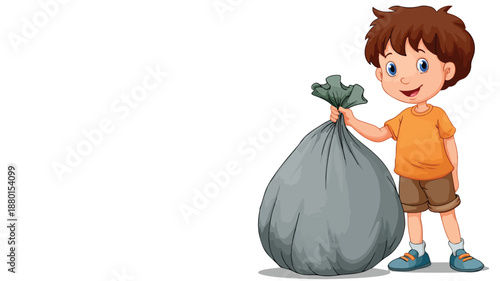 Cute Boy Holding Garbage Bag Vector with Outline Isolated on White Background