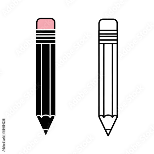 Simplified line art depiction of two pencils, one colored and one monochromatic