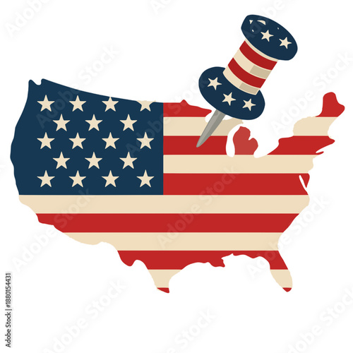 United states map with american flag pushpin marking location