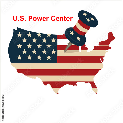 United states map with flag design and pushpin indicating power center