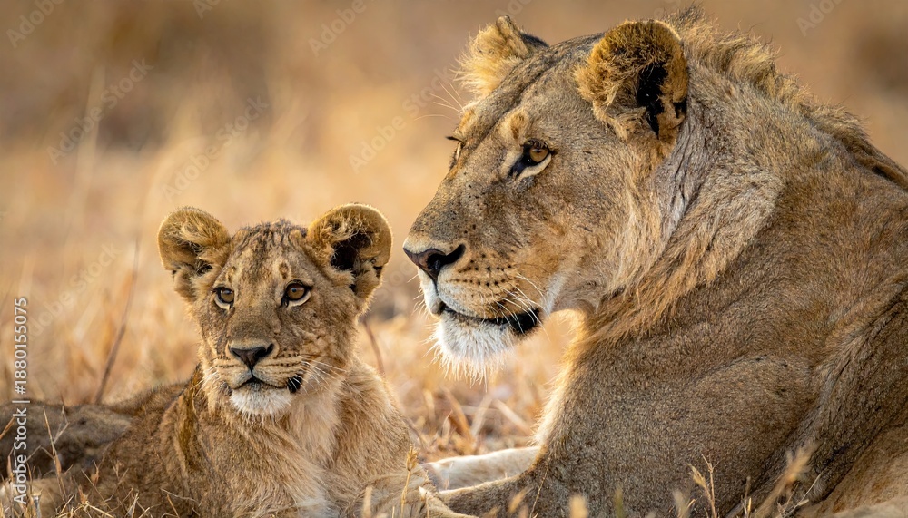 Obraz premium Fatherhood concept - dad and kid lion
