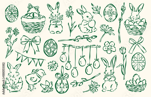 Whimsical Easter doodle collection of bunnies, decorated eggs, flowers, drawn in a charming hand-sketched style.