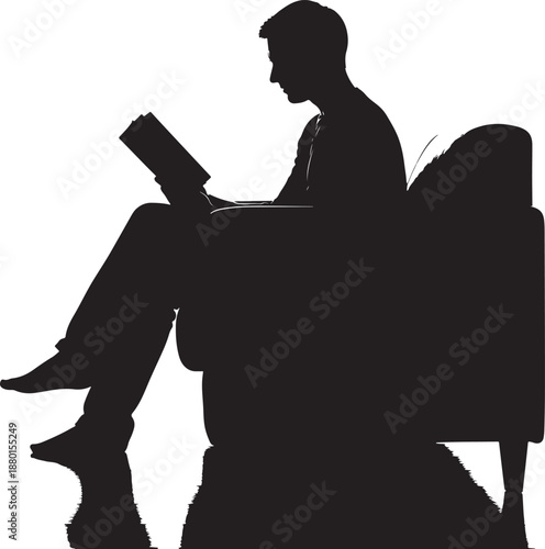 Silhouette of a man sitting in an armchair reading a book, peaceful home library and relaxation concept.