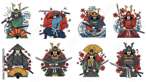 Colorful vector Samurai clipart, vector illustrations for a Japanese theme.
