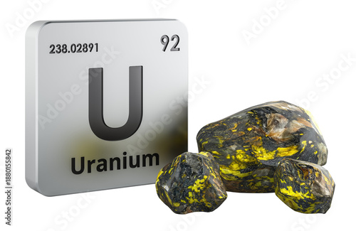 Uranium chemical element symbol with uranium ore, 3D rendering