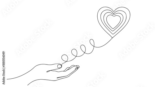 Abstract one line continuous art illustration of a hand offering a heart, symbolizing love and connection, modern minimalist design