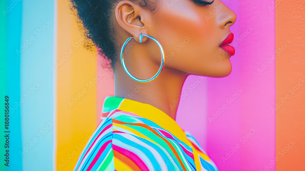 Naklejka premium Close-up profile of stylish Black woman wearing vibrantly striped collared shirt and large hoop earrings, set against bold, vertical striped background in cheerful pastel and vibrant colors, showcasin