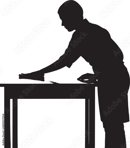 Silhouette of a man wiping and cleaning a tabletop surface with a cloth, home maintenance concept