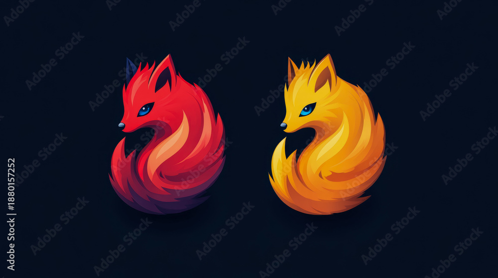 Fototapeta premium Vibrant digital illustration of two stylized foxes, one fiery red and other golden yellow, with piercing blue eyes, set against dark background, showcasing modern vector art and fluid forms.