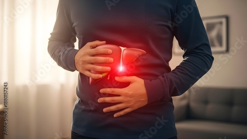 Liver pain and disease concept. Person holding abdomen with glowing red liver indicating discomfort or inflammation.