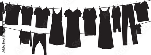 Silhouette of various clothing items hanging on a clothesline, domestic laundry and drying concept