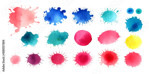 Collection of colorful abstract watercolor splashes and ink blot splatters showing grunge drops, stains, and blobs on white with dynamic artistic flow and texture