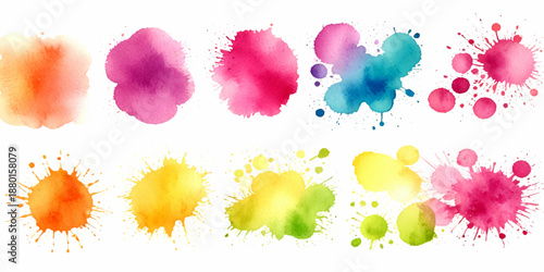 Collection of colorful abstract watercolor splashes and ink blot splatters showing grunge drops, stains, and blobs on white with dynamic artistic flow and texture