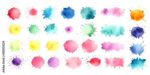 Collection of colorful abstract watercolor splashes and ink blot splatters showing grunge drops, stains, and blobs on white with dynamic artistic flow and texture