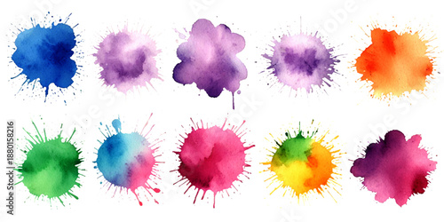 Collection of colorful abstract watercolor splashes and ink blot splatters showing grunge drops, stains, and blobs on white with dynamic artistic flow and texture